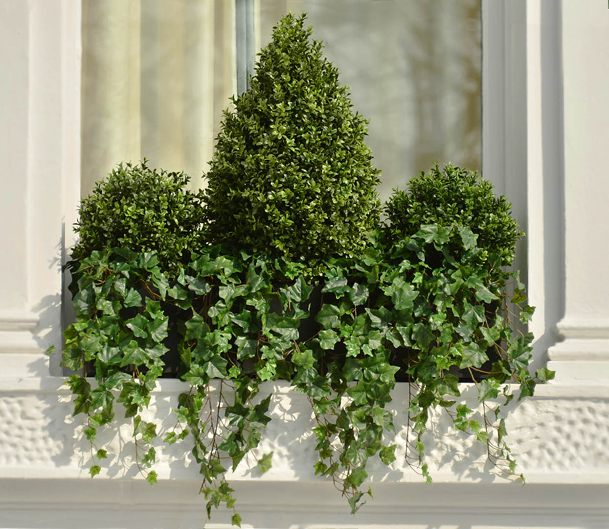 486 fake landscapes teardrop and ball buxus and ivy window box