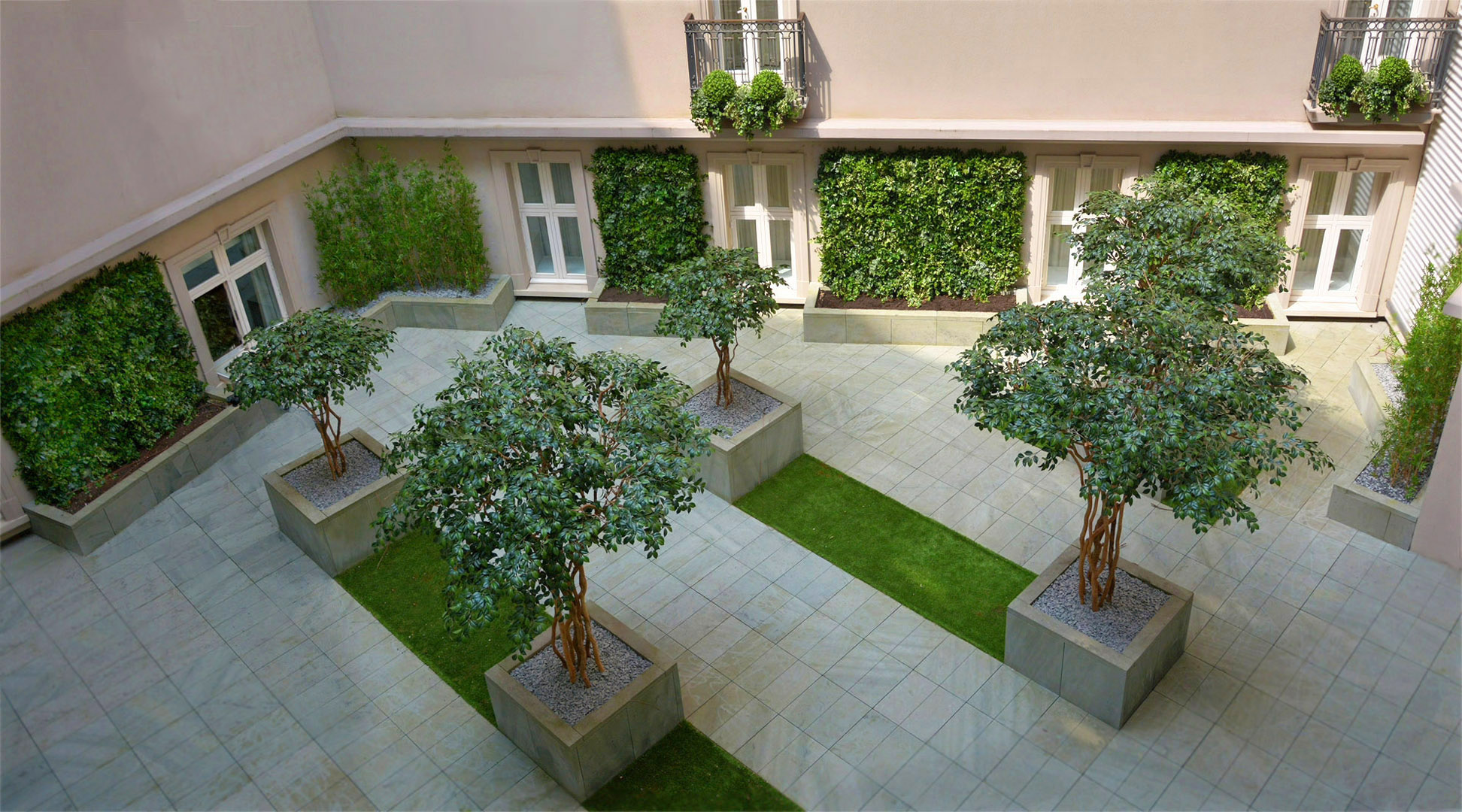 410 fake landscapes corinthia hotel courtyard UV camellia trees, bamboo, living walls and window boxes